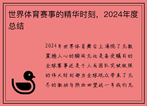 世界体育赛事的精华时刻，2024年度总结